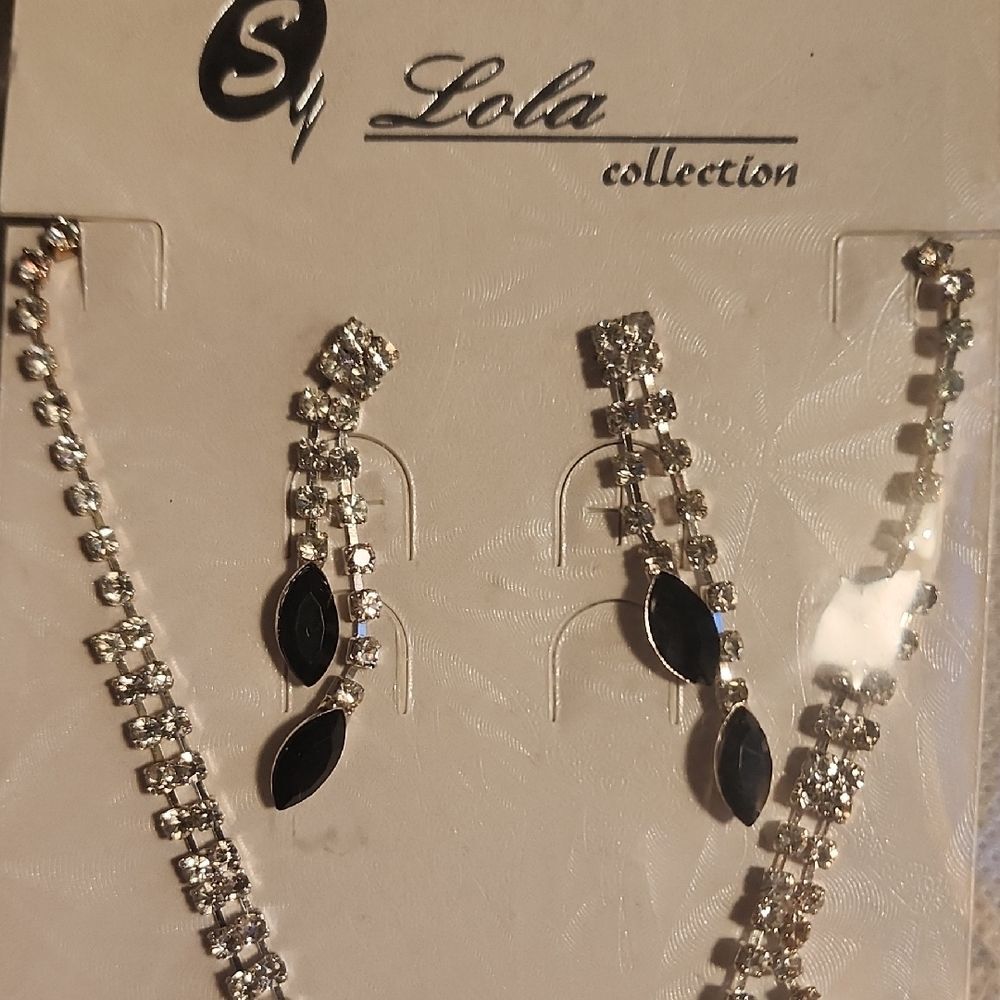 Lola Silver Toned 16 Inch Black Necklace And  Earring Set